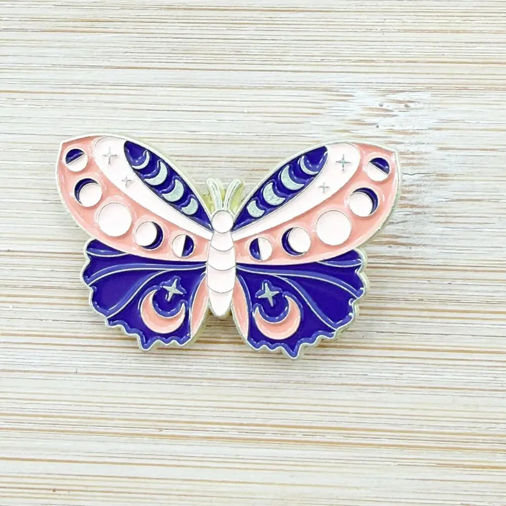 Pink & Purple Moon Whimsical Celestial Butterfly Moth with Safety Pin Back